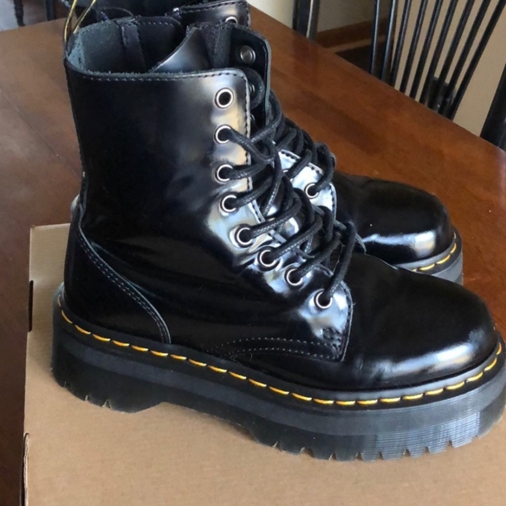 Dr. Martens Black Patent Leather Platform Boots with Yellow Stitching